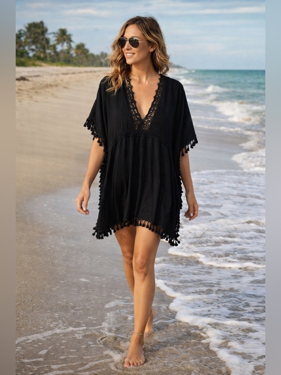 blue island Other - BLUE ISLAND Y2K Beach Cover-Up Black Crochet V-Neck Super Flattering Feminine S
